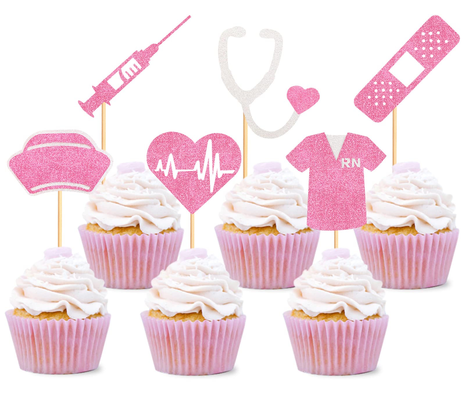 Photo 1 of 24 Pack Pink Nursing Cupcake Toppers Nurse Graduation Cupcake Picks Medical Rn Themed Cake Picks Nursing Themed Birthday Party Decorations Supplies