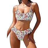 ZAFUL Ruffle Bikinis for Women Scoop Neck Swimsuits Lace Up Bikini Sets Padded Swimwear High Cut 2 Piece Bathing Suits
