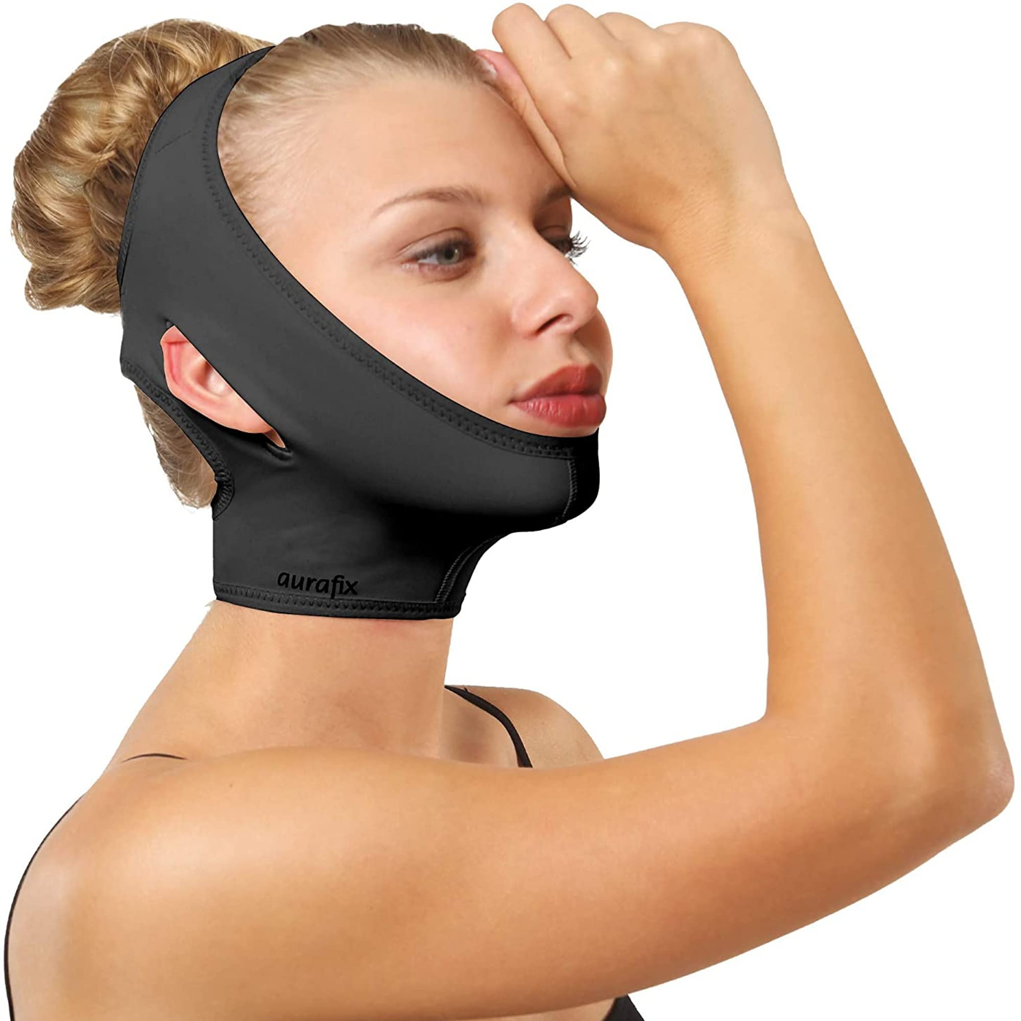 Post Surgical Chin Strap Bandage for Women - Neck and Chin Compression Garment Wrap - Face Slimmer, Jowl Tightening, Chin Lifting (Black, S)