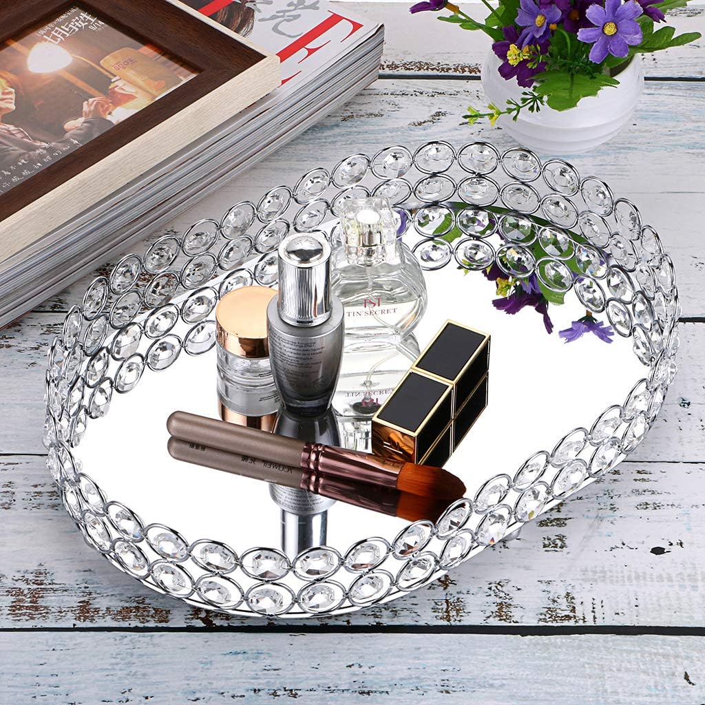 Hipiwe Mirrored Crystal Vanity Makeup Tray, Ornate Jewelry Trinket Decorative Tray Cosmetic Perfume Display Organizer Tray,Home Decor Tray for Dresser/Bathroom (Ellipse): Home Improvement