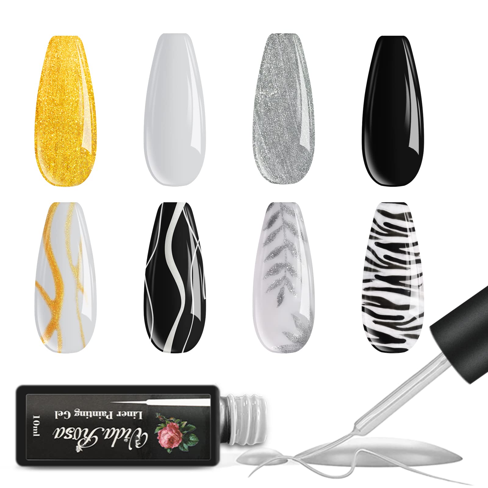 4 Colors Professional Gel Nail Polish, Special Brush for Striping, Details, Elongated Lines, Pens for Nail Art Nail Design Manicure Salon, Gold Silver Black White