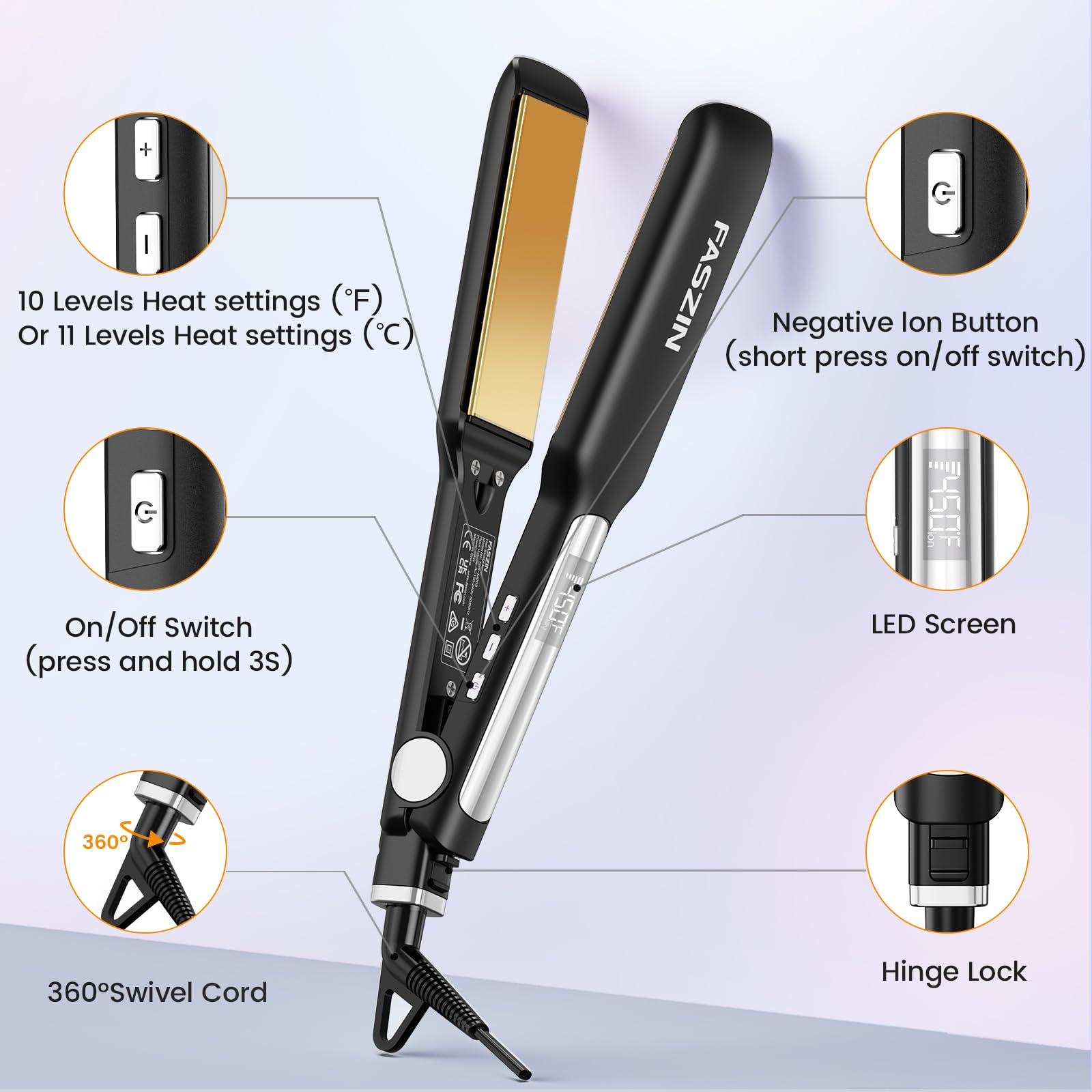 Professional Hair Straightener, 1.65inch Wide-Plate, Titanium Negative Ion Flat Iron, 30s Rapid Heating, LED Temp Display, Wide Voltage & 10 Adjustable Temp Levels (260-450℉) - Black