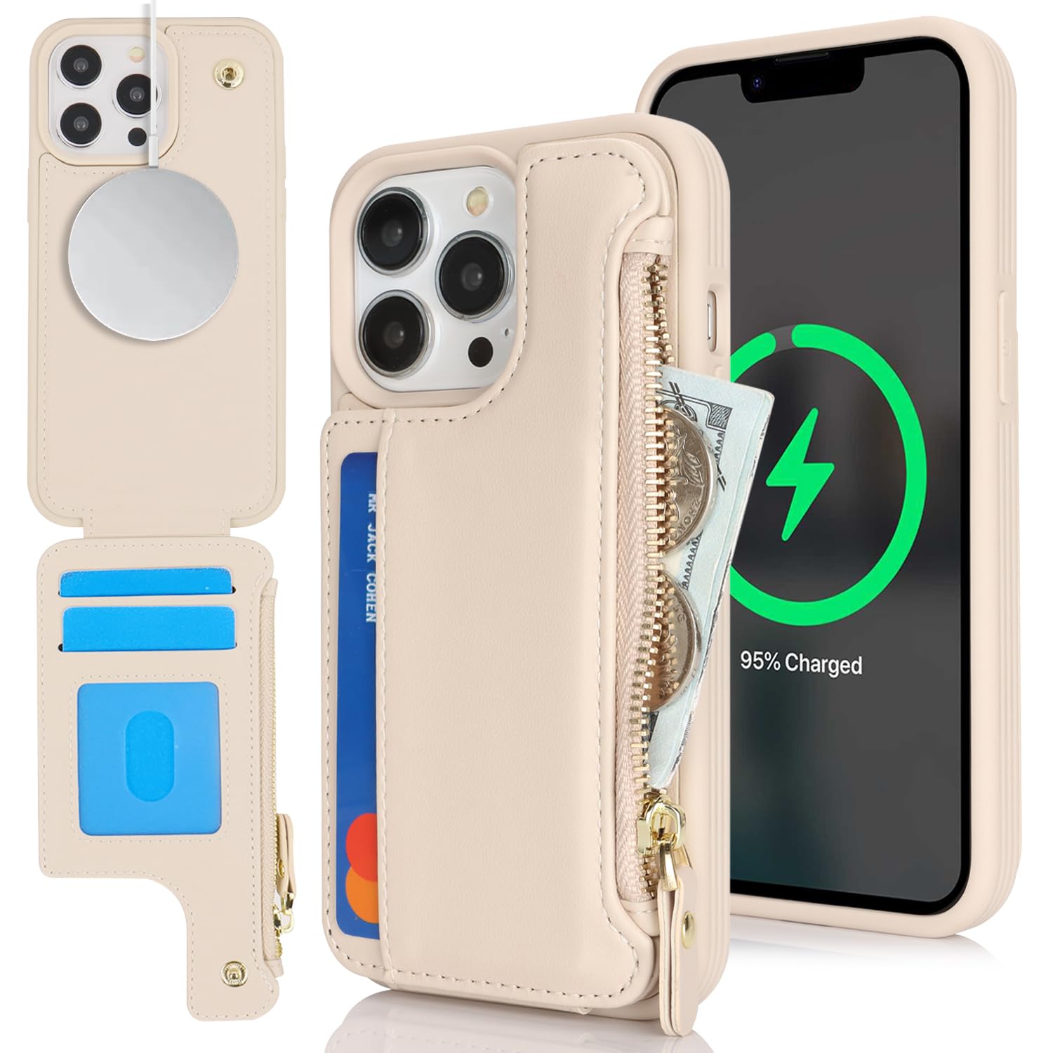 SailorTech iPhone 13 Pro Case with Credit Card Holder magsafe, iPhone 13 Pro Phone Leather Case Wallet for Women Compatible mag safe Card Slots Zipper Shockproof Case for Men - Beige