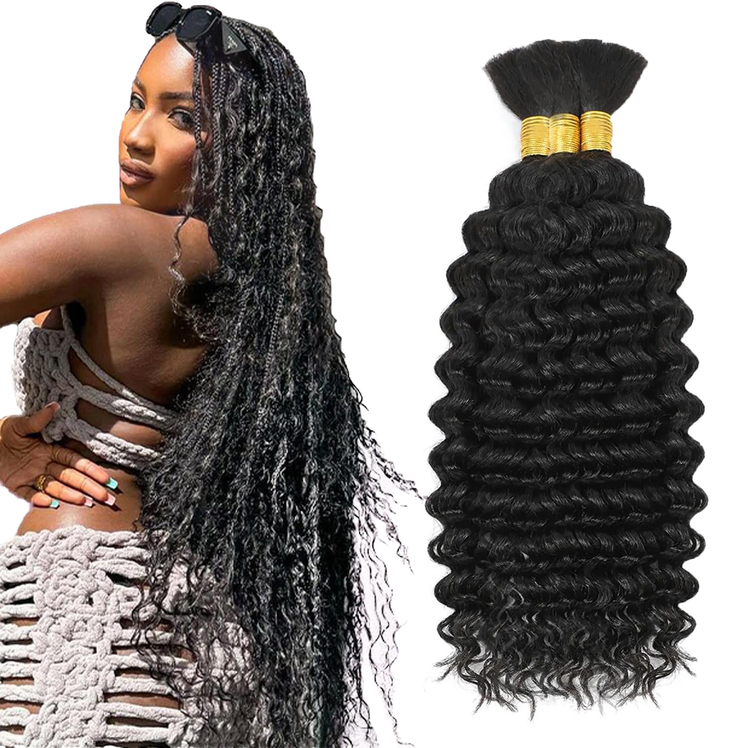 Photo 1 of Human Braiding Hair for Boho Braids Deep Wave Bulk Human Hair Bundles for Braiding 26 26 26 Inch Deep Curly Braiding Hair Extensions