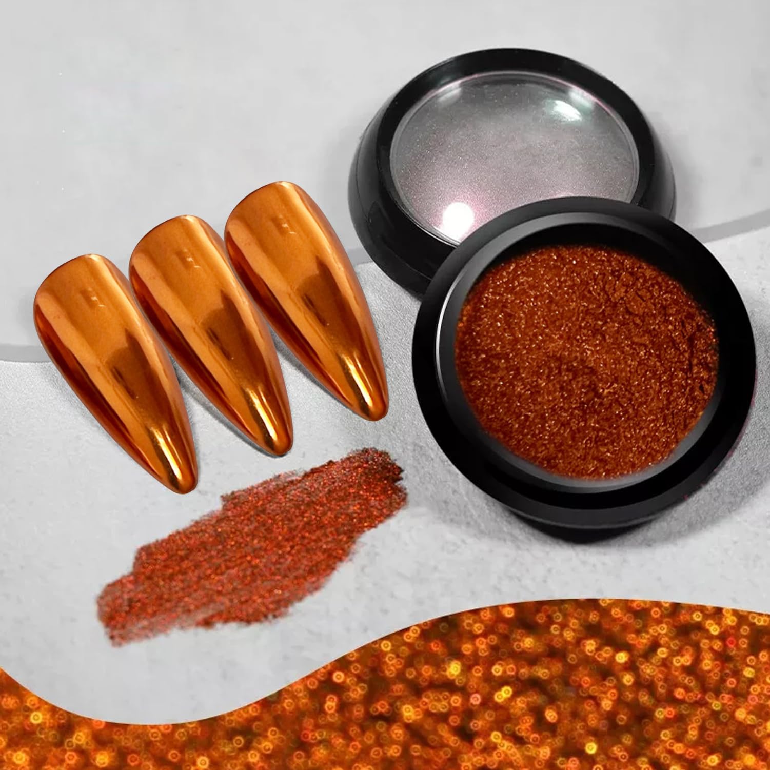 Photo 1 of Holographic Mirror Nail Powders Chrome Gold Effect Pure Metallic Dust Sequins UV Gel Copper Nail Chrome Powder for Nails Art Decoration, Copper Chrome Nail Powder