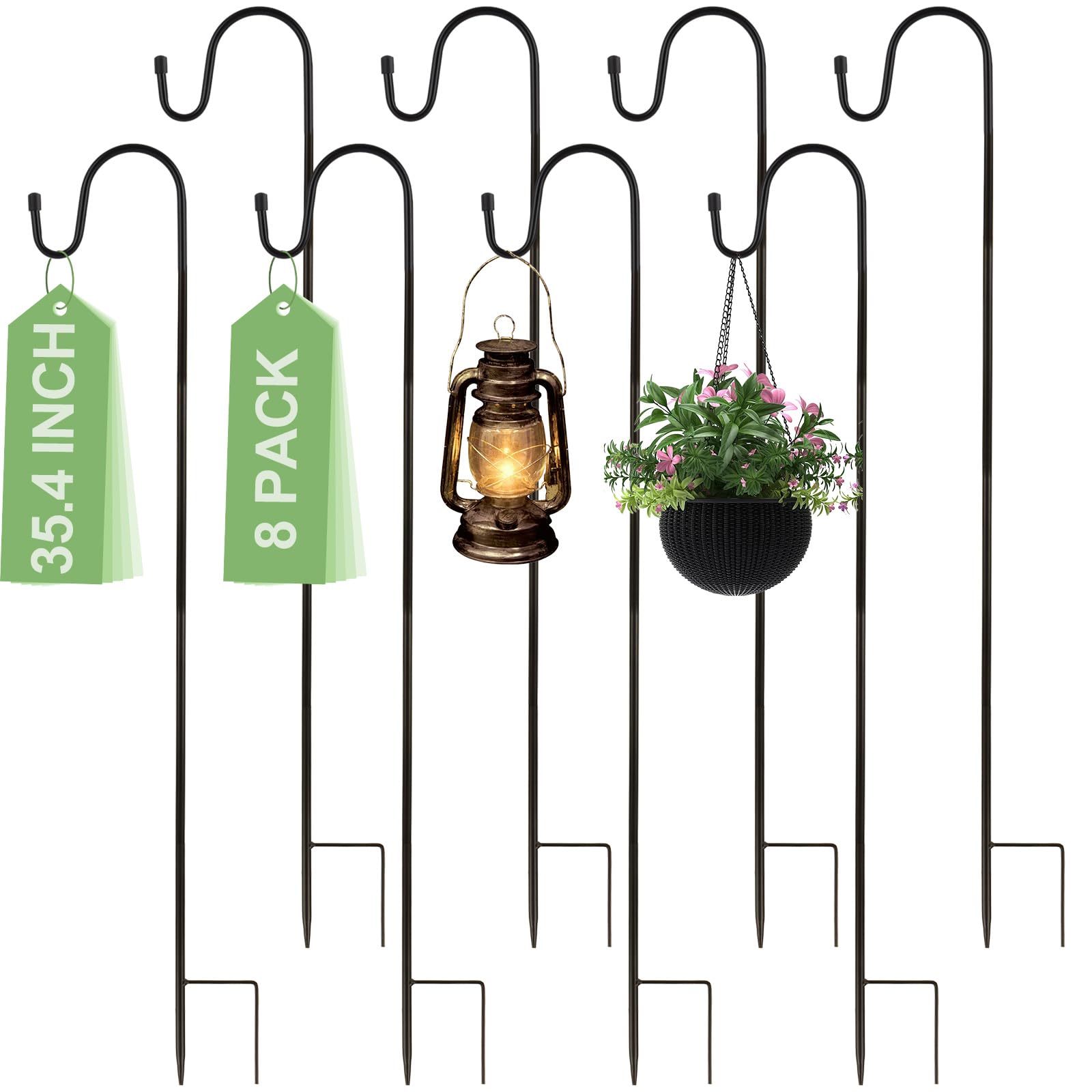 APACALI 8 Pack Shepherds Hooks 90cm / 35inch, Adjustable Height Shepherds Crook with Base, Shepherds Hooks for Garden, Shepherd's Crook for Lanterns Lights Plant Baskets, 4 Sections Stitched (Black)