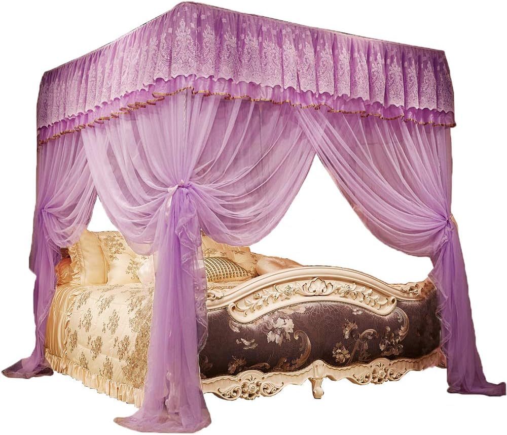 JQWUPUP Princess Bed Curtains Canopy, Lace Ruffle 4 Corner