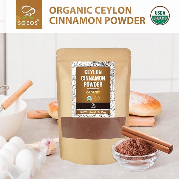 SOEOS ORGANIC CEYLON CINNAMON POWDER, 16OZ (454G), PREMIUM GROUND CINNAMON, NON-GMO, GLUTEN-FREE, FRESHLY PACKED