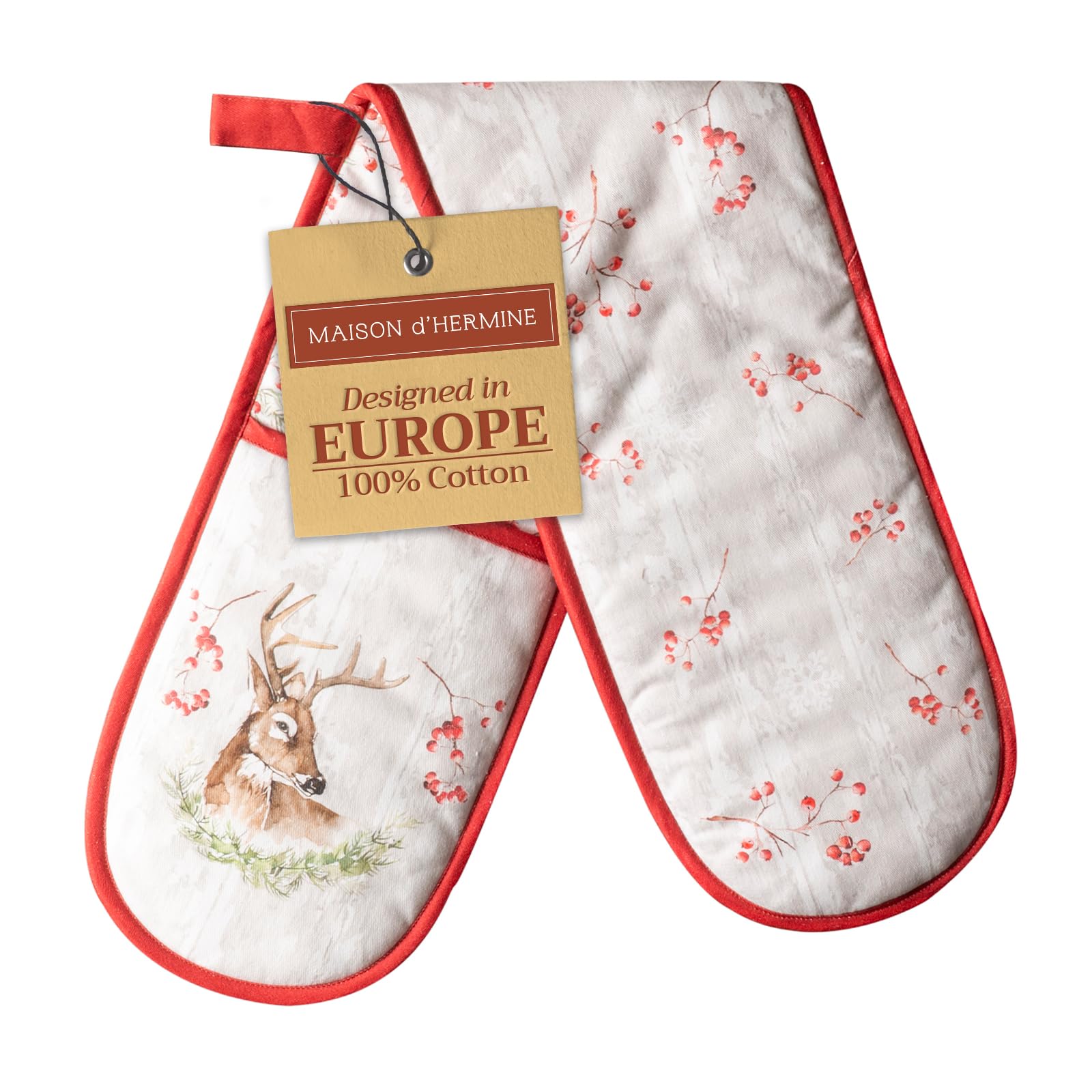 Maison d' Hermine Double Oven Mitt (18 cm x 89 cm) 100% Cotton Heat Resistant BBQ Cooking Gloves with Loop for Christmas Decorations Baking Cooking Barbeque Handling Hot Pan (Mountain Life)