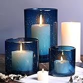 Hurricane Candle Holder Set of 3 Blue Candle Holders for Pillar Candles, Seeded Bubbles Glass Candle Holder, Blue Glass Cylinder Vases for Table Centerpieces, Home, Patio and Wedding 8" 4.7" 3.5"