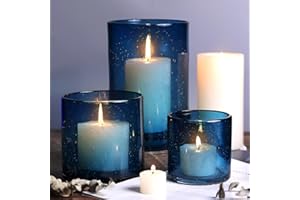 NITIME Hurricane Candle Holder Set of 3 Blue Candle Holders for Pillar Candles, Seeded Bubbles Glass Candle Holder, Blue Glass Cylinder Vases for Table Centerpieces, Home, Patio and Wedding 8" 4.7" 3.5"