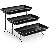 MALACASA 3 Tier Serving Tray, Porcelain Tiered Serving Trays Platters, 12 Inch Serving Stand with Platters,Black Dessert Stand with Collapsible Sturdier Metal Rack,Series PLAT
