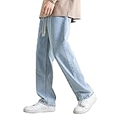 DOSLAVIDA Men's Straight Leg Jeans Relaxed Fit Baggy Jean Hip Hop Loose Fit Carpenter Denim Pants with Drawstring