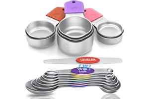 BANANABAY Magnetic Measuring Cups and Spoons Set, Heavy Duty 304 Stainless Steel Fits in Most Kitchen Spice Jars for Baking & Cooking, BPA Free, Set of 15 with Leveler, Colorful