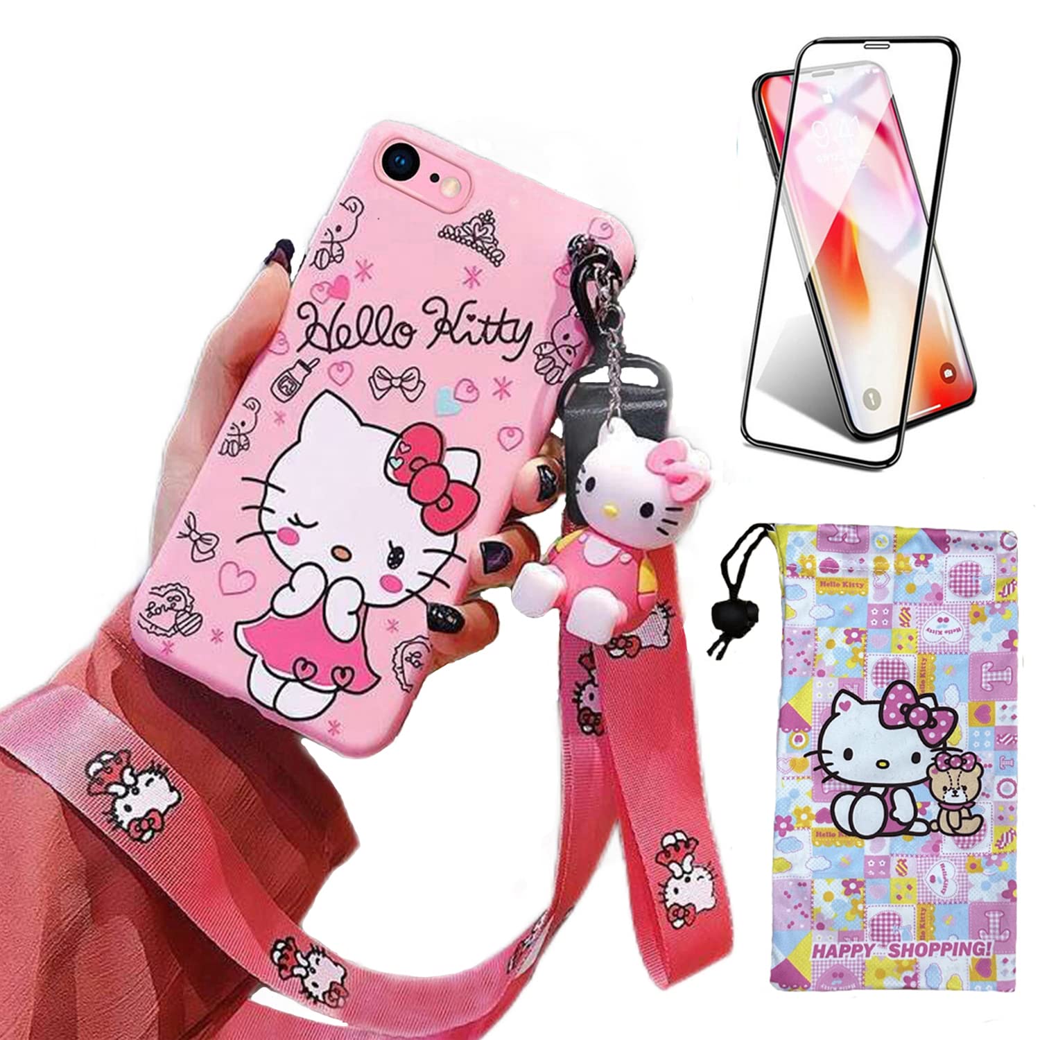 Photo 1 of Compatible with iPhone SE 2022/2020 iPhone 7 8 Case with Screen Protector, Cartoon Cute Funny Kawaii Cat Kitty Animal Character Phone Case Silicone Lanyard 3D Cover Case for Kids Girls and Womens