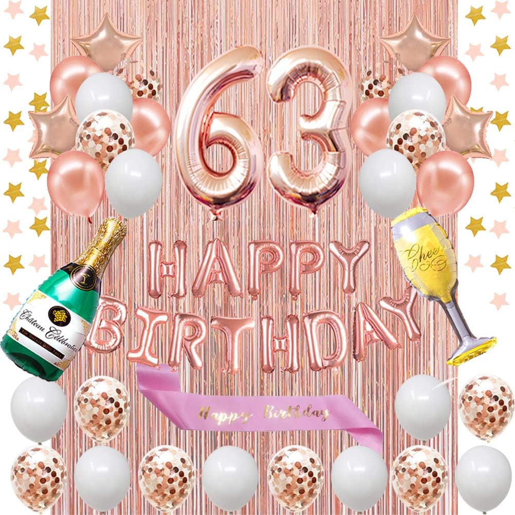 Amazon Com Fancypartyshop 63rd Birthday Decorations Rose Gold Happy Birthday Banner And Sash With Number 63 Balloons Latex Confetti Balloons Ideal For Girl And Women 63 Years Old Birthday Rose Gold Health