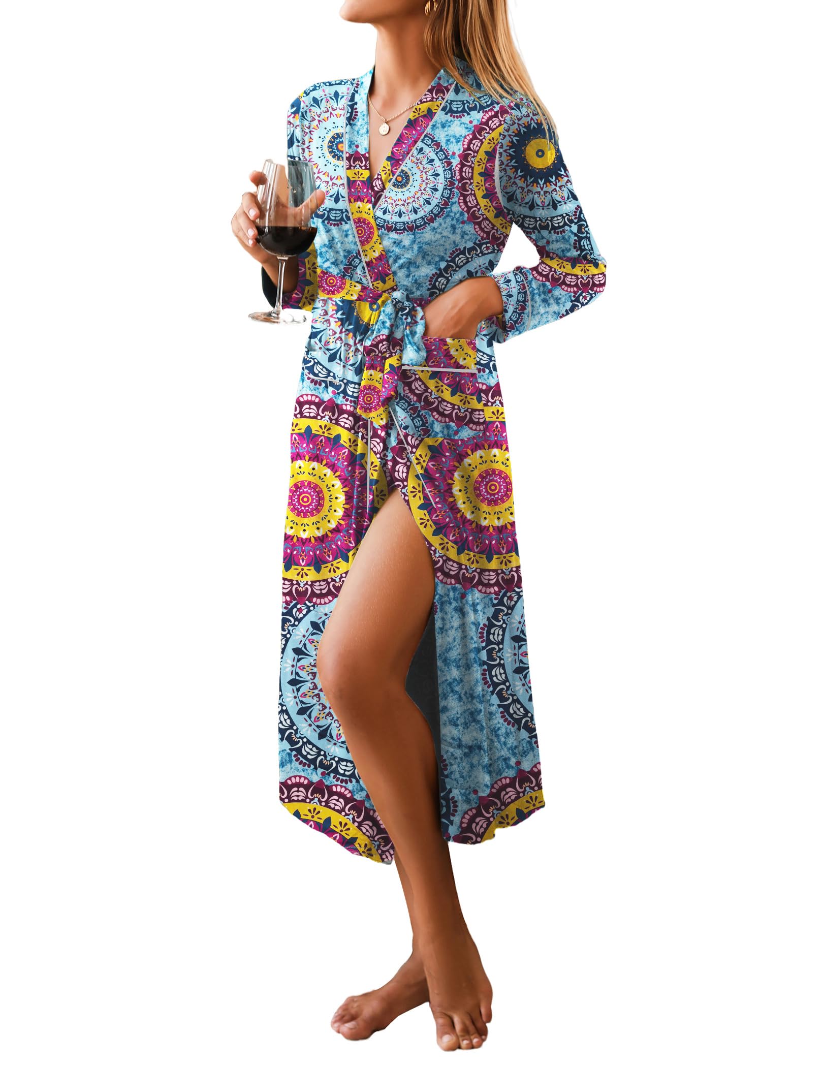 Ekouaer Women Kimono Robes Full Length Knit Bathrobe Lightweight Soft Sleepwear V-neck Casual Ladies Loungewear Floral Mandala Blue X-Large Image
