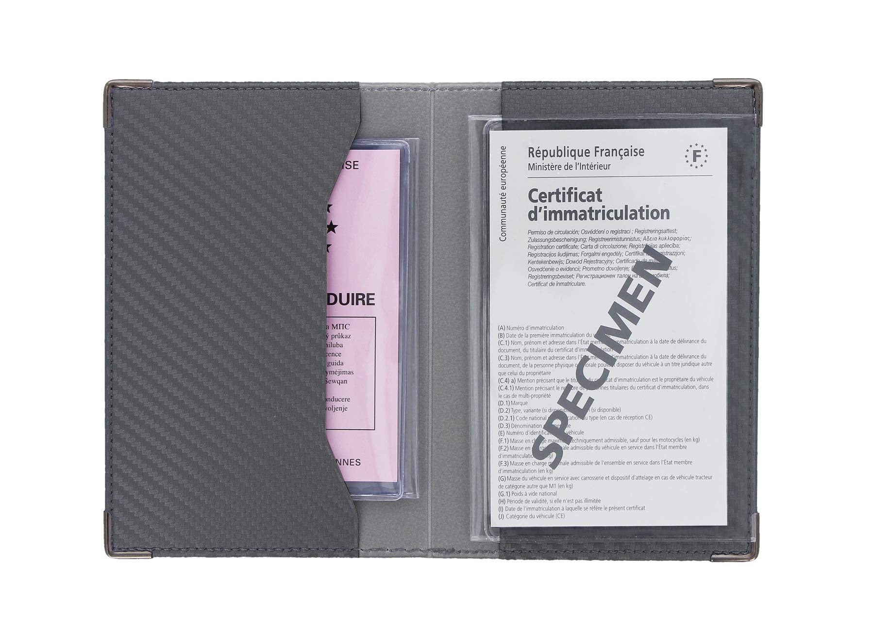 Color Pop Porte-Papiers Véhicule Finition Carbone Coloris Gris Anthracite + Étui Transparent pour Carte Grise