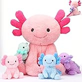 Lenwen 5 Pcs Axolotl Plush Toys 1 Mommy with 4 Cute Babies Axolotl Stuffed Animal Plushies in Tummy Plush Christmas Birthday Gifts for Kids Boys Girls