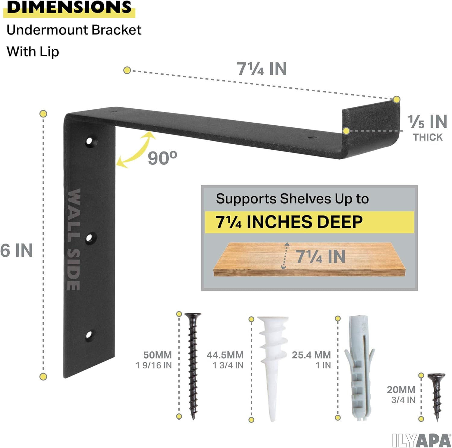 Heavy Duty Steel Floating Shelf Brackets, Undermount Bracket With Lip- Farmhouse Rustic Iron Matte Finish - 4 Pack of 6 x 7.25 Inch Industrial Metal Shelf Holders, Joint Angle Brackets for Wall Shelve: Home Improvement
