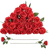 Ovveroche 24 Pcs Red Rose Artificial Flowers with Long Stem Real Touch Silk Plastic Bouquet Red Roses Bulk for Wedding Party Table Centerpieces Festival Decorations