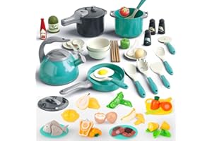 Bruvoalon 67Pcs Kids Play Kitchen Toys Set, Toddlers Pretend Cooking Playset Acccessories with Pots Pans, Utensils Cookware, Foods, Canned Veges, Learning Gift for Kids Girls Boys (Green)