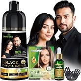 Herbishh Black Hair Color Shampoo 200ml+ Hair Oil 30ml+ Argan Mask 25 ml | 3 in 1 Semi Permanent Color Dye Shampoo, Covers Gray Hair in 5-15 Mins, with 30 ml Argan oil &amp; Mask for Nourishment &amp; Shine