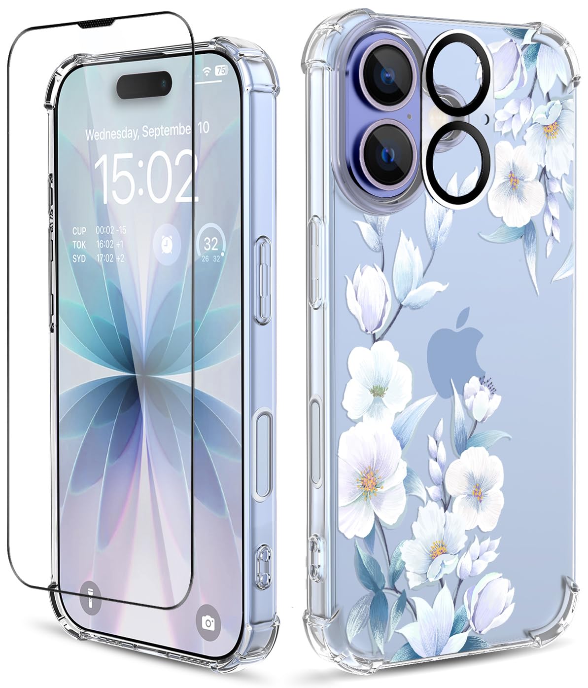 ilnehc for iPhone 17 Case,[3 in 1] with Screen Protector & Camera Lens Protector, Flower Pattern Design,Clear Soft Shockproof Slim Floral Phone Cover for Women Girls 2025 6.3" (Hibiscus/Blue)