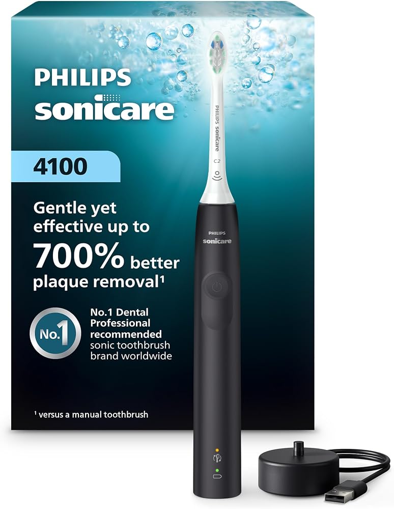 Philips Sonicare 4100 Rechargeable Electric Toothbrush, 1 Brush Head, Black | 700% More Plaque Removal¹, Pressure Sensor, 2 B