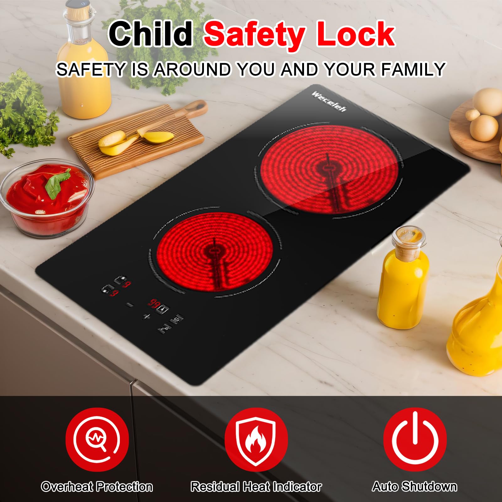 Weceleh 2 Burners Electric Cooktop, 12 inch Built-in 3200W Electric Stove Top, Ceramic Hob with Touch Control, Child Safety Lock, Overheat Protection, Timer, 9 Power Levels, Hard Wire for 220V~240V