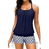 Yonique Womens Blouson Tankini Swimsuits Two Piece Strappy Bathing Suit Tops with Shorts Criss Cross Swimwear