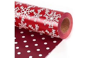 LaRibbons Reversible Christmas Wrapping Paper Roll, White Small Dots & Snow Flakes on Red Design, Classic Gift Wrap Paper for Xmas, Holiday Celebration, 17 Inch X 33 Feet