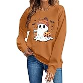 ASTANFY Halloween Sweatshirts for Women Ghost Pumpkin Long Sleeve Shirt Coffee Lover Graphic Tees Fall Spooky Pullover Tops