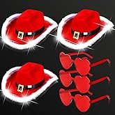 Funtery 6 Pcs Light up Santa Claus Christmas Cowboy Hat with Glasses for Women LED Lights Cowboy Cowgirl Light up Hats Holiday Western Costume Accessory