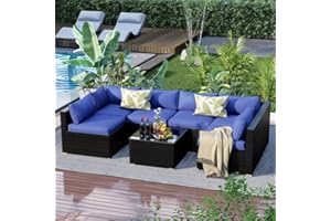 ELEGIBLISS 7 Pieces Patio Furniture Set - Outdoor Sectional Wicker Rattan Furniture with Cushion and Glass Table Patio Conversation Sets for Porch Poolside Backyard Outdoor Sofa Set Modular Sofa
