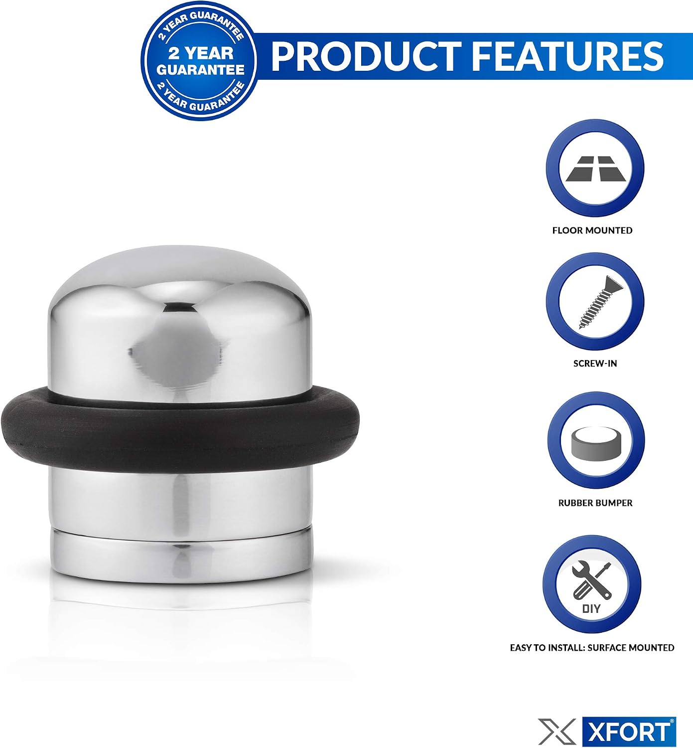 XFORT Polished Chrome Floor Mounted Door Stopper, Soundproof Door Stop with Rubber Ring to Protect Doors, Walls & Skirting - Image 4