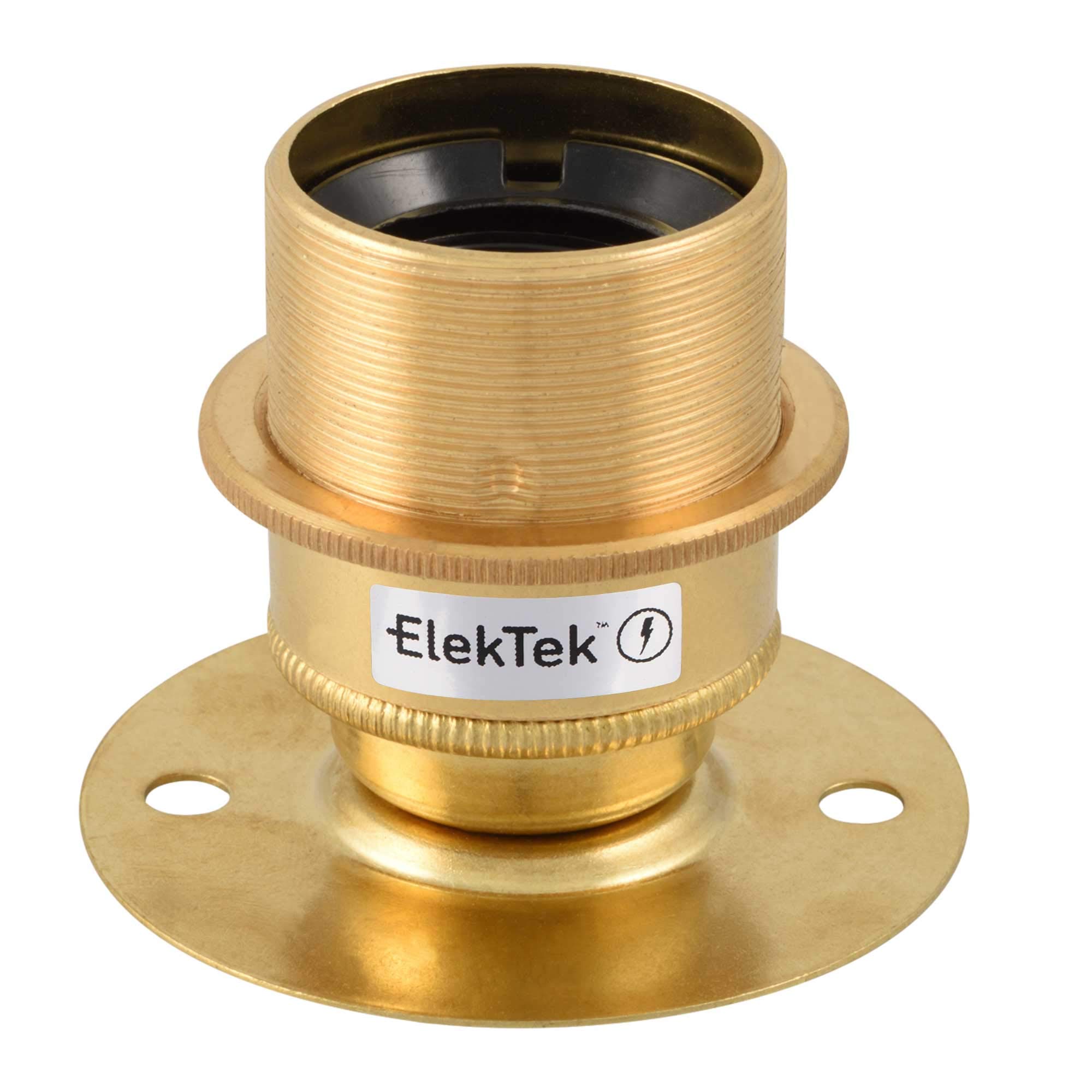 ElekTek Brass E27 Batten Lamp Bulb Holder with Shade Ring ES Edison Screw - Flat Base fits BESA Conduit Box 50mm/2” Centre Fixings - Made in UK
