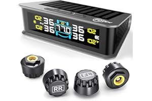 Flydew RV Tire Pressure Monitoring System (TPMS) - TPMS sensors Set of 4 & 6 Alarm Modes | Solar/USB Charger | LCD Display | for RV/Truck/SUV/MPV/Sedan