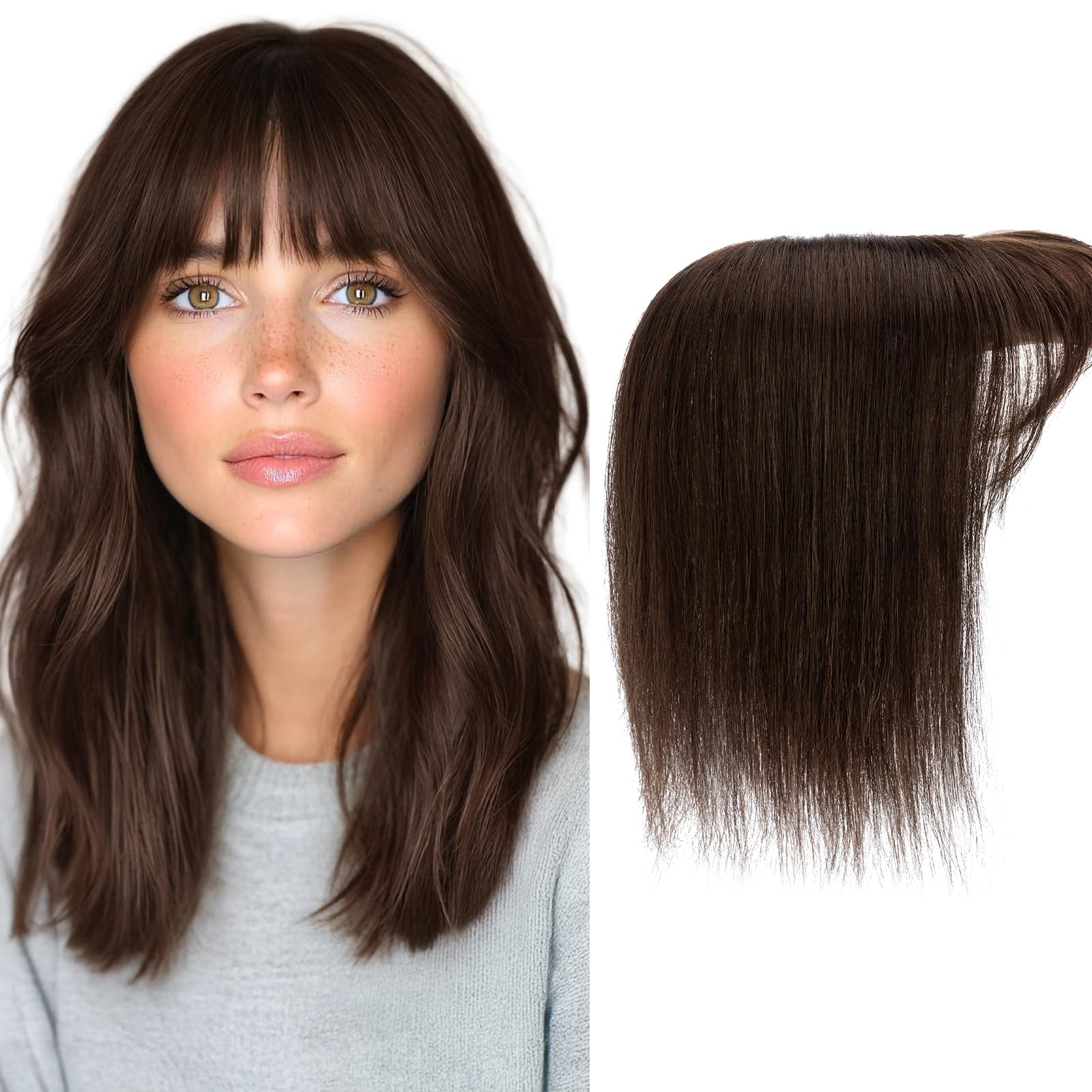 Photo 1 of Charites Hair Toppers for Women Real Human Hair 10 Inch Long Straight Toppers for Women with Thinning 7 * 13CM Silk Base Clip in Hairpieces with Bangs (Dark Brown)