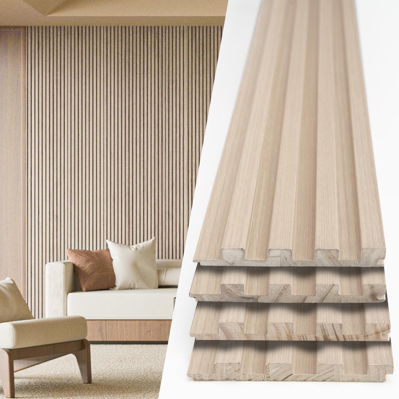 Photo 1 of Art3d Slat Wood Wall Paneling - 108 x 5.7 x 0.7in, Pack of 4pcs + 1pc End-Trim for Interior and Ceiling Decor, Ashtree