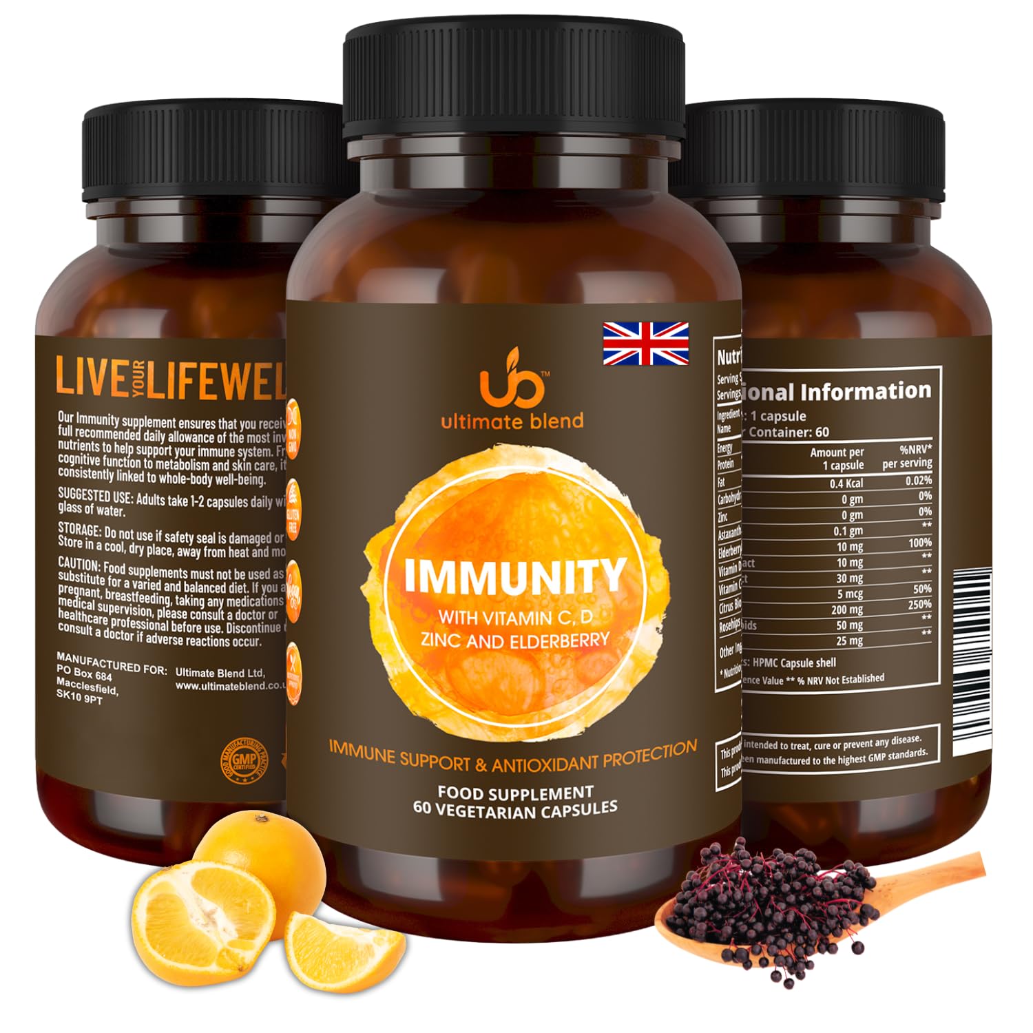 Ultimate Blend Immunity with Vitamin C, D, Zinc and Elderberry | Immune & Antioxidant Support | Boosts Energy, Supports Immunity | for Healthy Hair, Skin, Bones – 60 Vegan Capsules