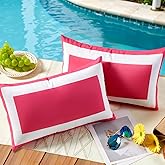 JOJOGOGO 12x20 Hot Pink Outdoor Lumbar Pillow Covers Waterproof & Sunproof Set of 2, White and Pink Outdoor Decorative Lumbar Throw Pillows for Patio Furniture and Porch Decor(Without Inserts)