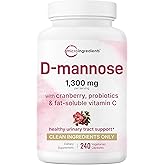 Pure D Mannose 1,300mg with Cranberry & Probiotics, 240 Veggie Capsules | Urinary Tract Health for Women | Plus 1 Million CFU Probiotics Blend & High Absorption Vitamin C | Filler Free, Non-GMO