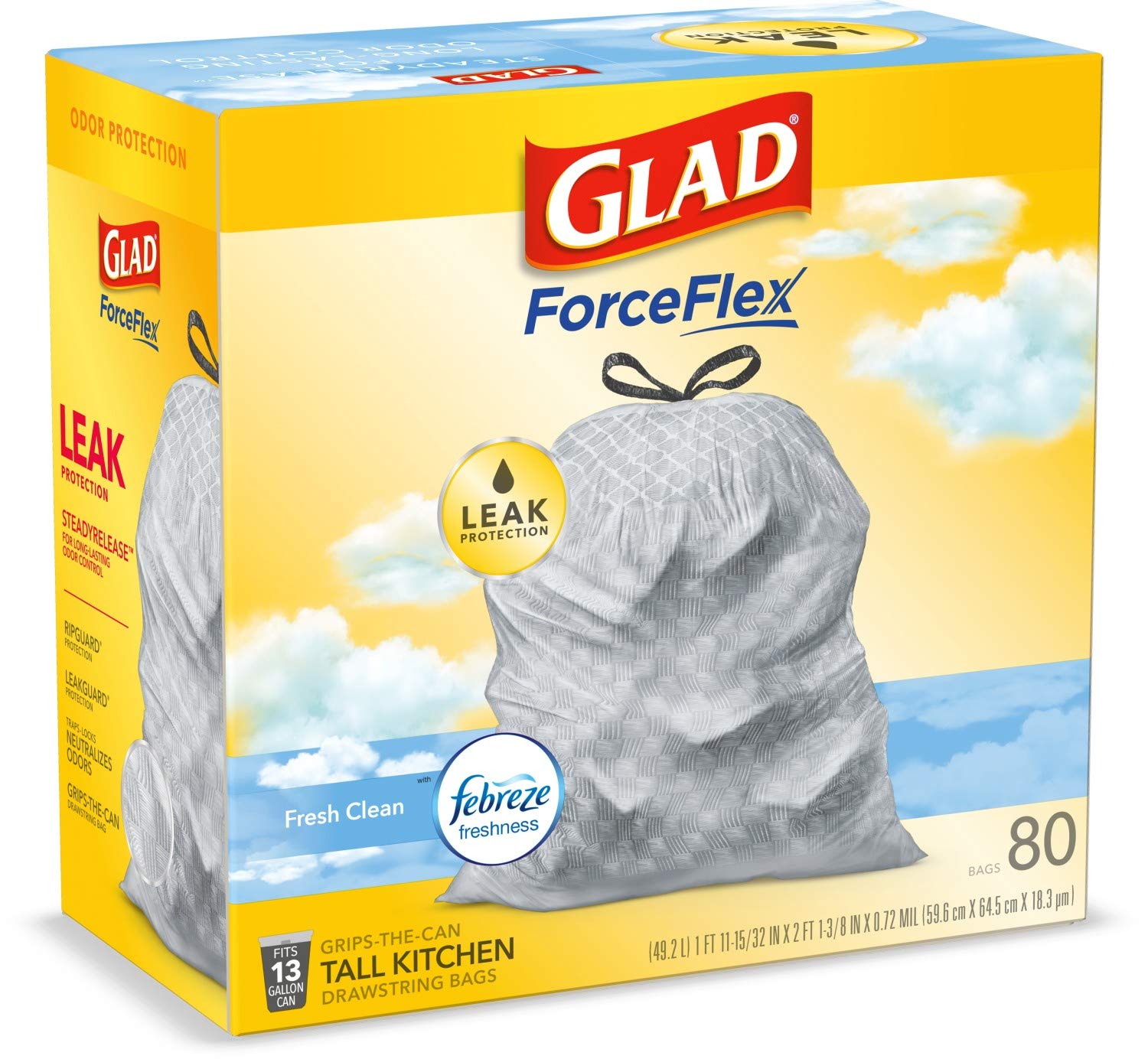 Glad ForceFlex Tall Kitchen Drawstring Trash Bags – 13 Gallon Trash Bag, Fresh Clean scent with Febreze Freshness – 80 Count (Package May Vary): Prime Pantry