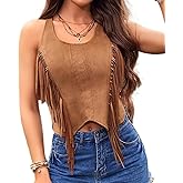 Womens Faux Suede Fringe Trim Backless Crop Top 70s Hippie Sexy Sleeveless Tied Back Tank Top Vest Streetwear Brown