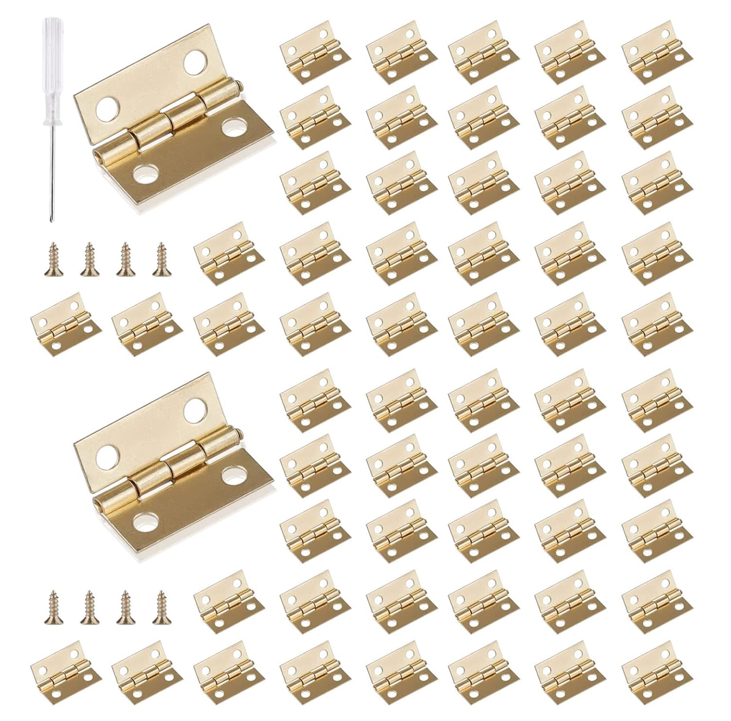 Roosea 60 Pcs Mini Hinges 15 * 18 mm for Dolls House with 240 Pcs Screws and Screwdriver - Gold