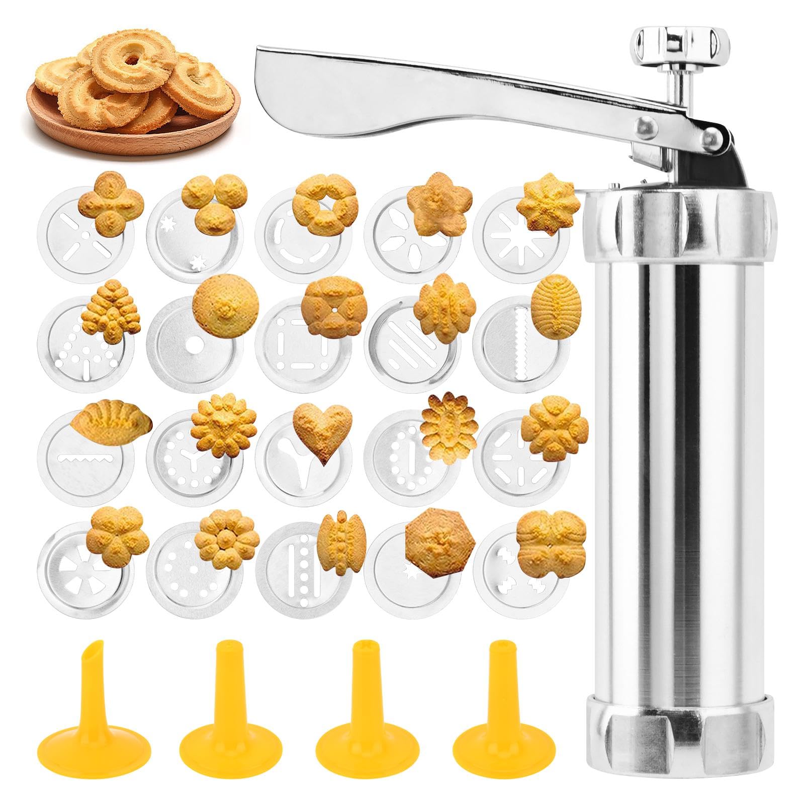 Photo 1 of Stainless Steel Cookies Press Gun Manual Churro Maker Machine Churro Maker Kit with 20 Cookie Discs and 4 Piping Tips for DIY cake Makers Decorating Baking Supplies(Silver,Size:16.5x5cm/6.5x1.97inch)