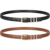 TRIWORKS 2 Pack Women Skinny Leather Belts for Jeans Pants Thin Faux Leather Belt with Gold Buckle