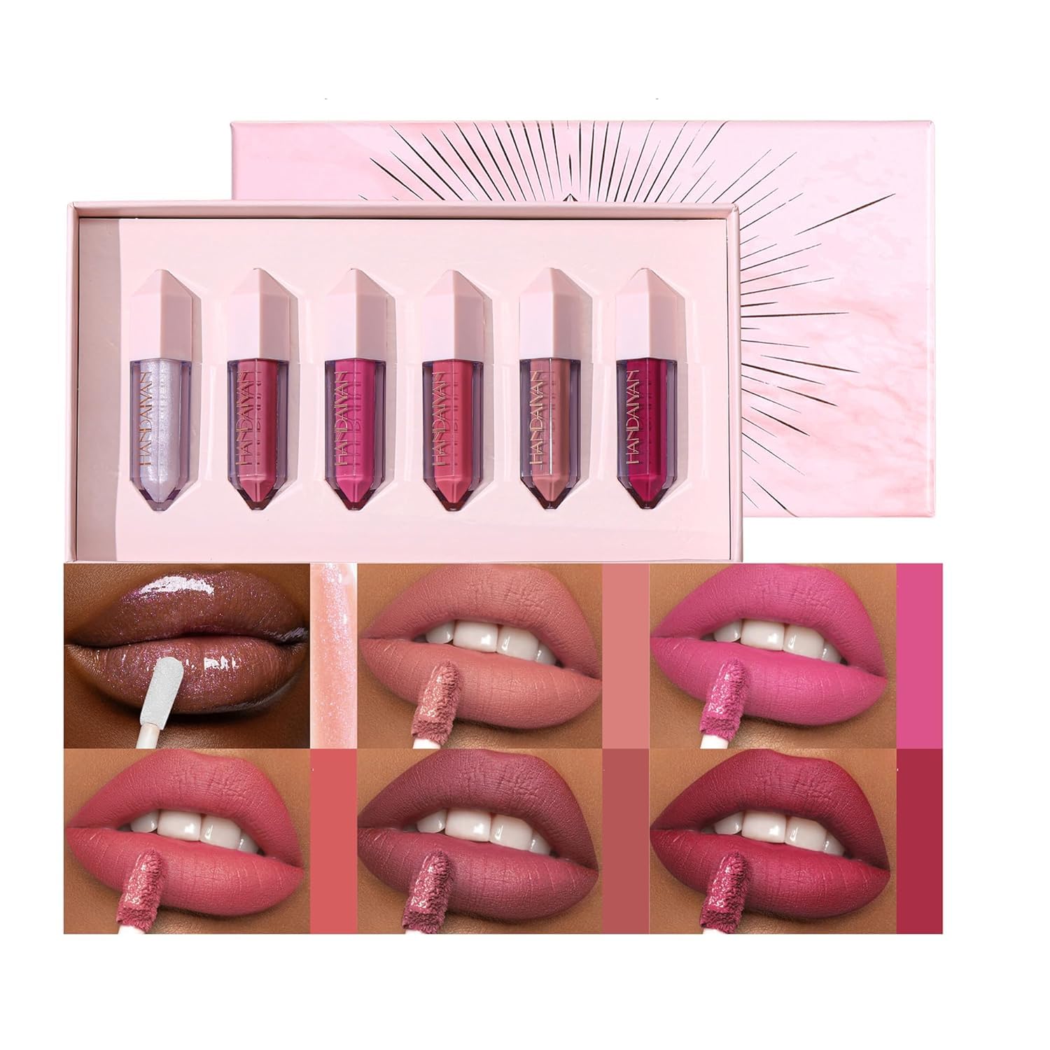 6PCS Diamond Lip Gloss Set, Matte & Pearlescent Finish, Long Lasting Waterproof Liquid Lipstick Set, High-Pigment Formula Liquid Lipstick for Girls and Women (Diamond Lipgloss SetA)