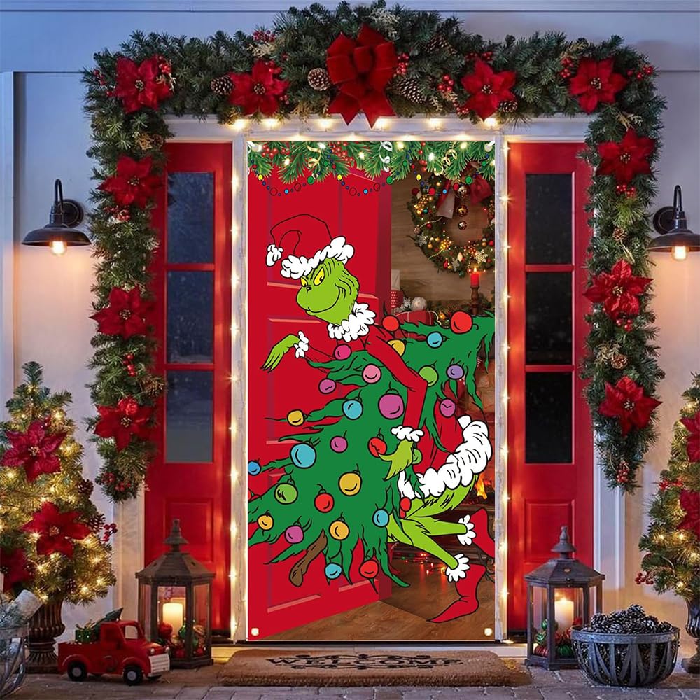 Maryan Christmas Door Cover, Grinchs Design, Fabric Xmas Door Hanging Banner, 90x180cm, Polyester, Colorful